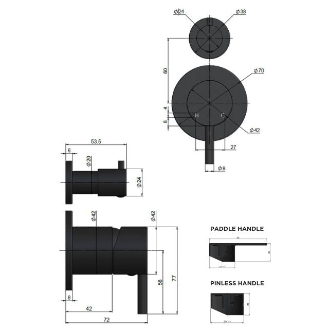 Technical Drawing Meir Round Diverter Mixer - Brushed Nickel MW07TS-PVDBN_KIT - The Blue Space