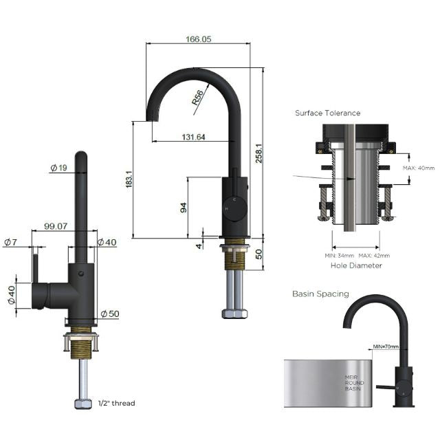Technical Drawing Meir Round Gooseneck Basin Mixer with Cold Start Brushed Nickel MB17-PVDBN - The Blue Space