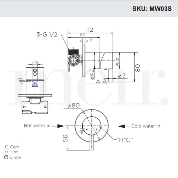 Meir Round Wall Mixer Short Pin Lever Technical Drawing - The Blue Space