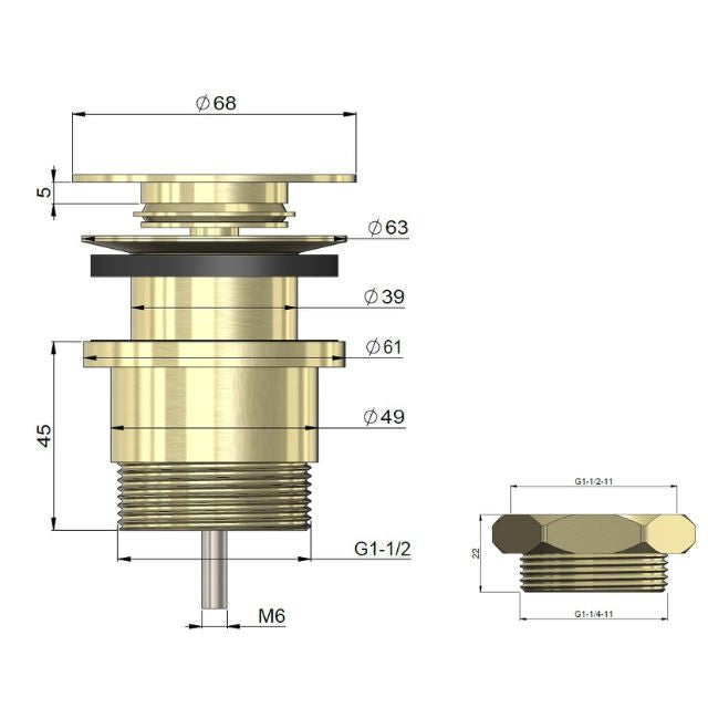 Technical Drawing Meir Universal All-In-One Pop Up Waste - Basin & Bath Tiger Bronze MP04F-UNI-PVDBB - The Blue Space