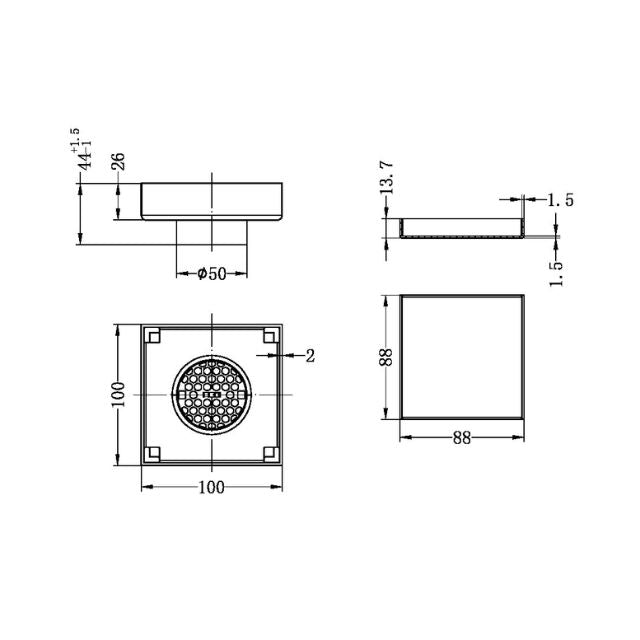 Technical Drawing Nero 100mm Square Tile Insert Floor Waste 50mm Outlet Brushed Nickel NRFW006BN - The Blue Space