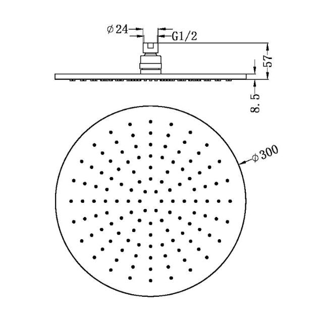 Technical Drawing Nero 300mm Round Shower Head Gun Metal NRROA1202GM - The Blue Space