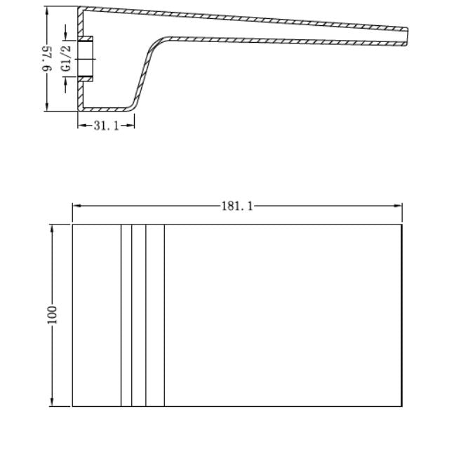 Technical Drawing Nero Astra Waterfall Bath Spout Chrome NR203CH - The Blue Space