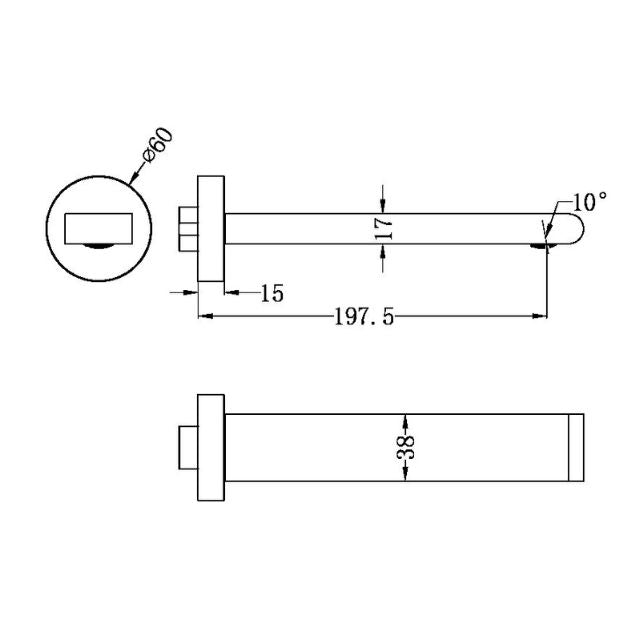 Technical Drawing Nero Bianca Fixed Basin/Bath Spout Only 200mm Brushed GoldNR321503BG - The Blue Space
