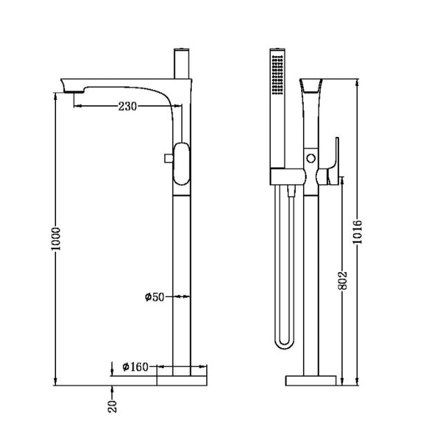 Technical Drawing Nero Bianca Freestanding Bath Mixer With Hand Shower Matte Black NR321503aMB - The Blue Space