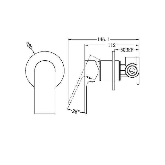 Technical Drawing Nero Bianca Shower Mixer 80mm Plate Brushed Nickel NR321511DBN - The Blue Space