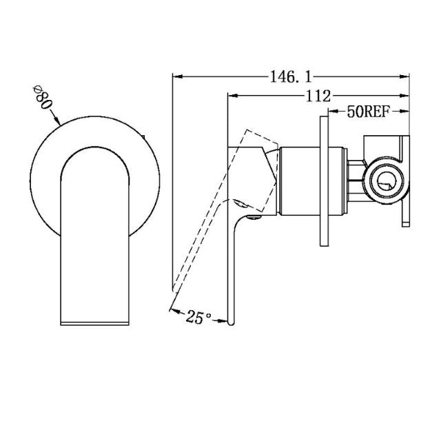 Technical Drawing Nero Bianca Shower Mixer 80mm Plate Matte Black NR321511DMB - The Blue Space