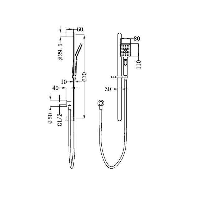Technical Drawing Nero Bianca Shower Rail Gun Metal NR30803GM - The Blue Space