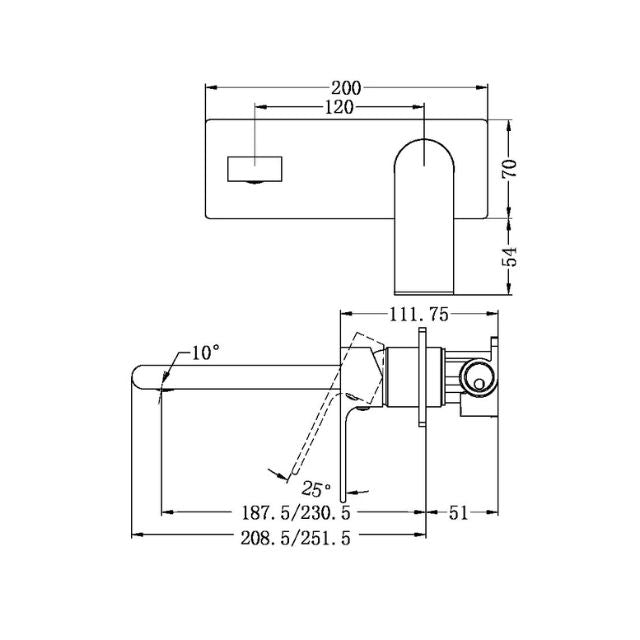 Technical Drawing Nero Bianca Wall Basin/Bath Mixer 187mm Matte Black NR321510AMB - The Blue Space