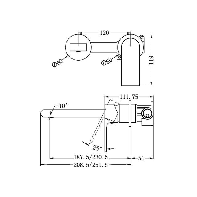 Technical Drawing Nero Bianca Wall Basin/Bath Mixer Separate Back Plate 187mm Brushed Nickel NR321510EBN - The Blue Space