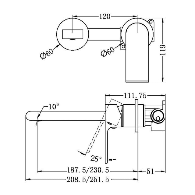 Technical Drawing Nero Bianca Wall Basin/Bath Mixer Separate Back Plate 230mm Gun Metal NR321510FGM - The Blue Space