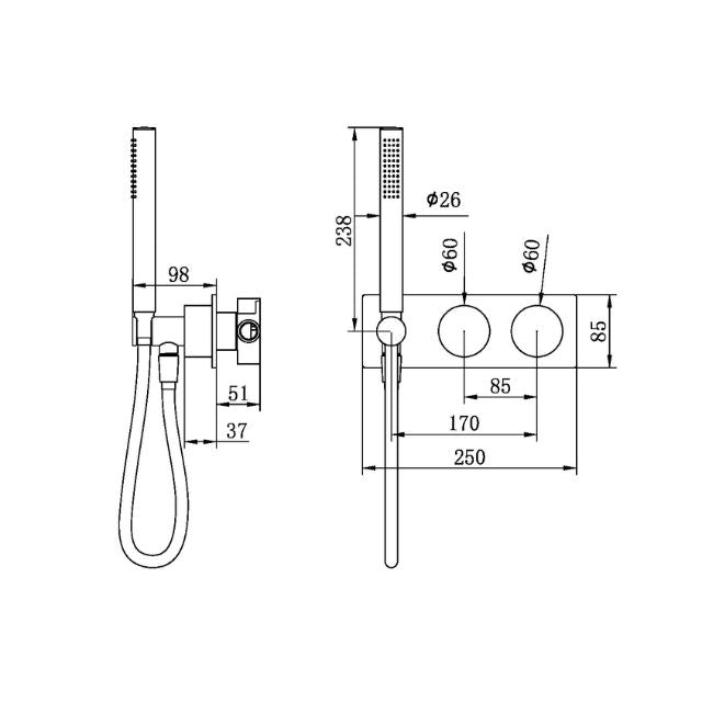 Technical Drawing Nero Kara Progressive Shower System Matte Black NR271903CMB - The Blue Space