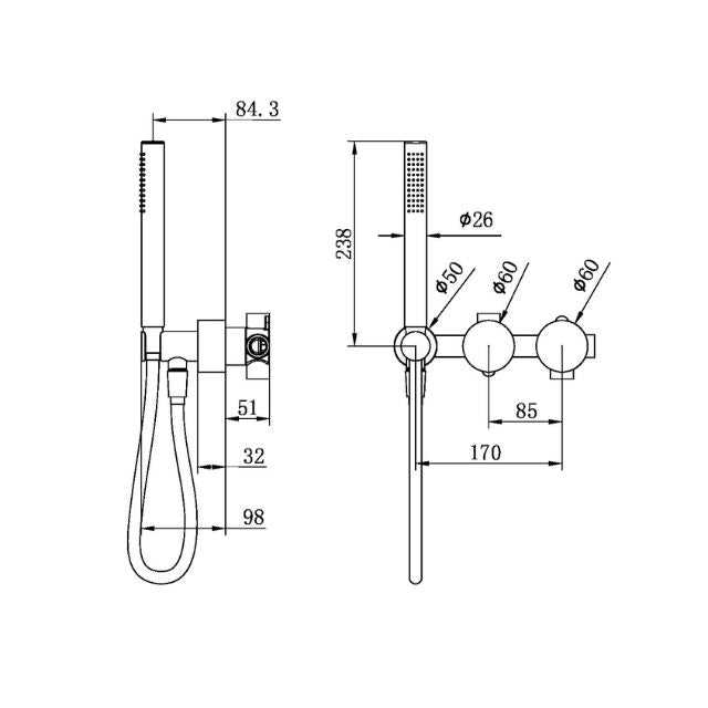 Technical Drawing Nero Kara Progressive Shower System Separate Plate Chrome NR271903DCH - The Blue Space
