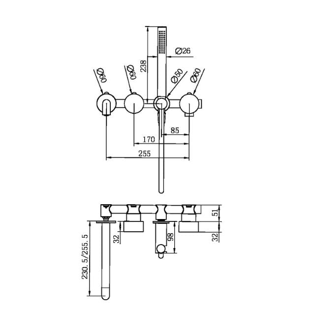Technical Drawing Nero Kara Progressive Shower System Separate Plate With Spout 250mm Brushed Nickel NR271903B250BN - The Blue Space