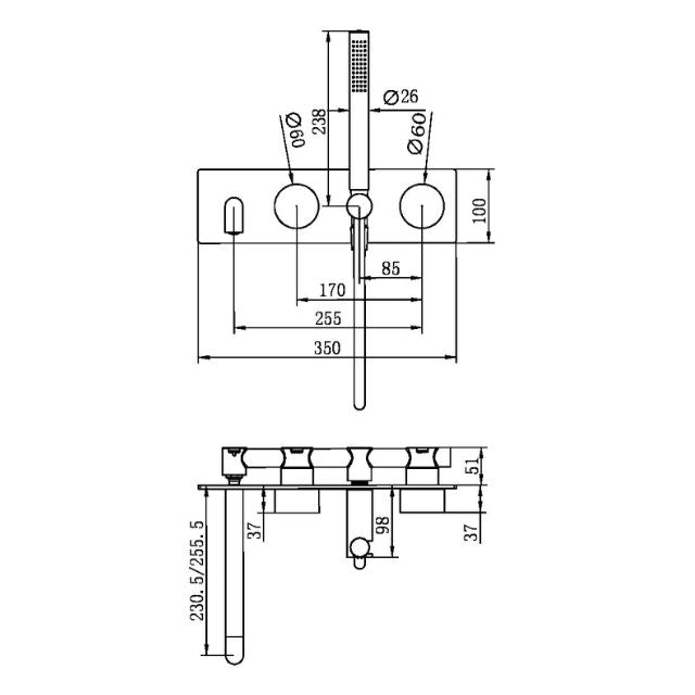 Technical Drawing Nero Kara Progressive Shower System With Spout 250mm Brushed Nickel NR271903A250BN - The Blue Space