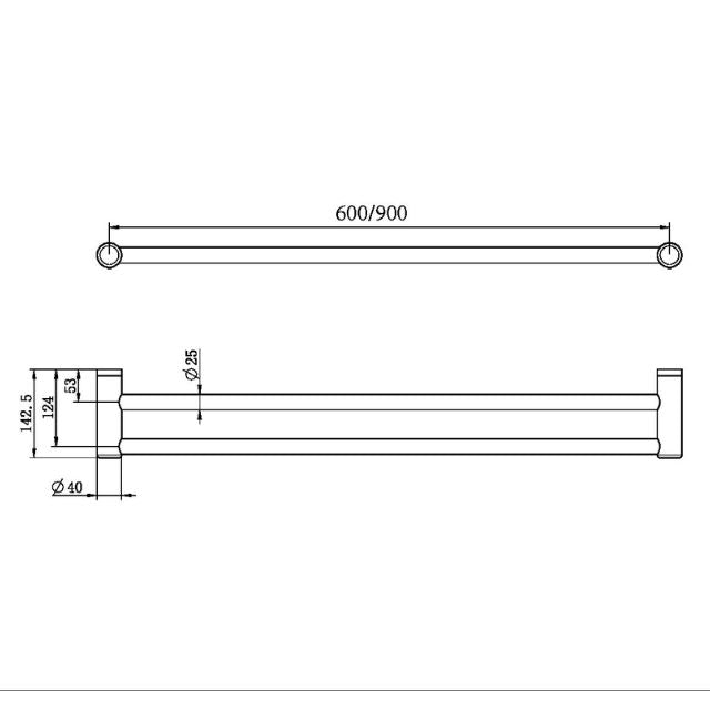 Technical Drawing Nero Mecca Care 25mm Double Towel Grab Rail 600mm Brushed Gold NRCR2524DBG - The Blue Space