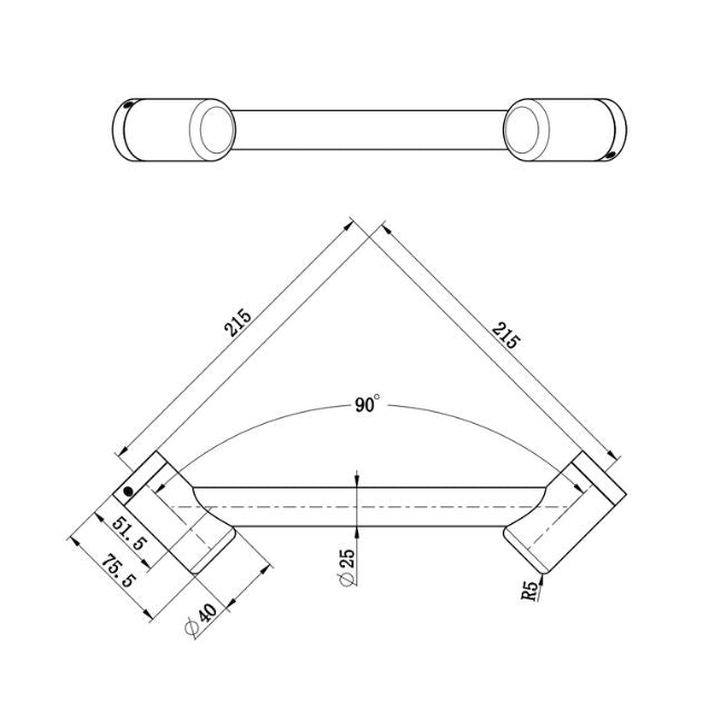 Technical Drawing Nero Mecca Care 25mm Footrest Corner Grab Rail 215mm Brushed Bronze NRCR2508WBZ - The Blue Space