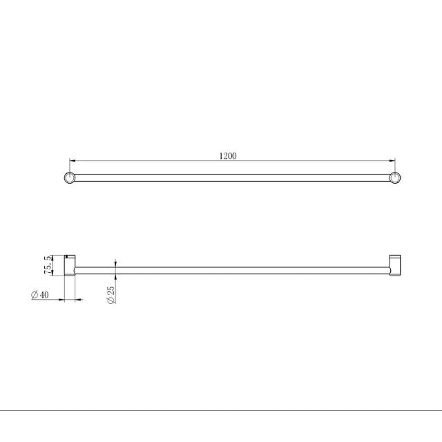Technical Drawing Nero Mecca Care 25mm Grab Rail 1200mm Brushed Nickel NRCR2548BN - The Blue Space