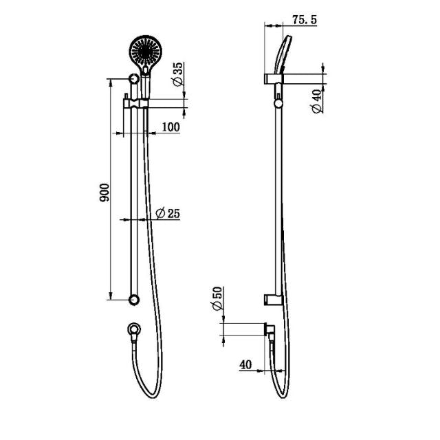Technical Drawing Nero Mecca Care 25mm Grab Rail and Adjustable Shower Rail Set 900mm Brushed Gold NRCS004BG - The Blue Space