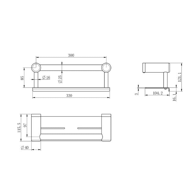 Technical Drawing Nero Mecca Care 25mm Grab Rail With Shelf 300mm Brushed Nickel NRCR2512CBN - The Blue Space