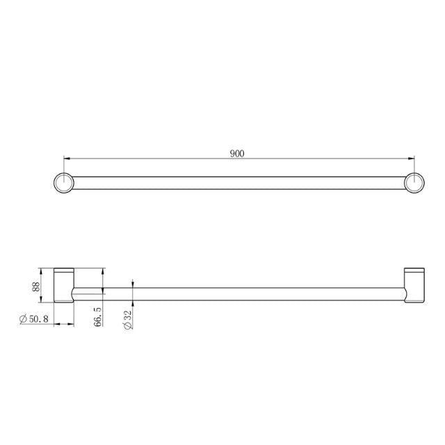 Technical Drawing Nero Mecca Care 32mm Grab Rail 900mm Matte Black NRCR3230MB - The Blue Space