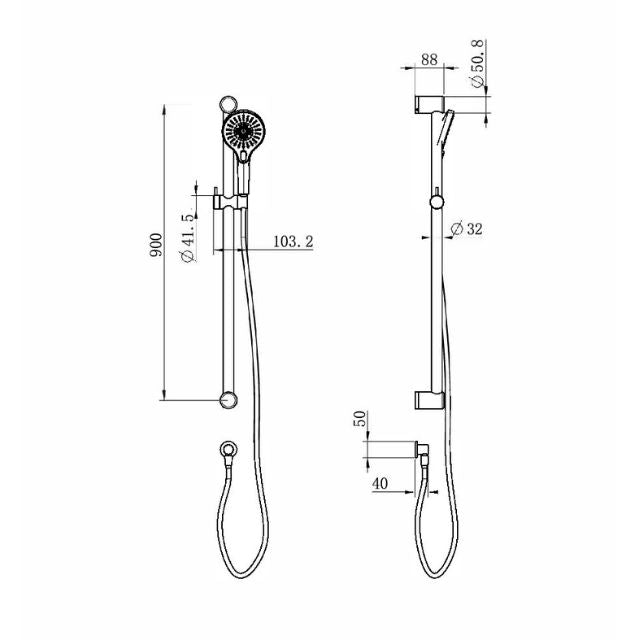 Technical Drawing Nero Mecca Care 32mm Grab Rail and Adjustable Shower Rail Set 900mm Gun Metal NRCS005GM - The Blue Space