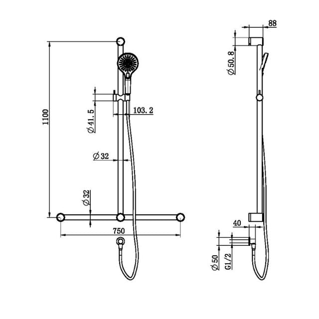 Technical Drawing Nero Mecca Care 32mm T Bar Grab Rail and Adjustable Shower Set 1100x750mm Matte Black NRCS006MB - The Blue Space