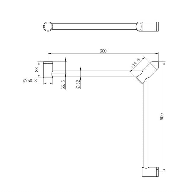 Technical Drawing Nero Mecca Care 32mm Wrap Around Corner Grab Rail 600x600mm Brushed Nickel NRCR3290WBN - The Blue Space