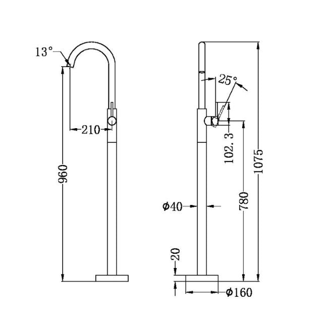 Technical Drawing Nero Mecca Freestanding Bath Mixer Brushed Bronze NR210903A01BZ - The Blue Space
