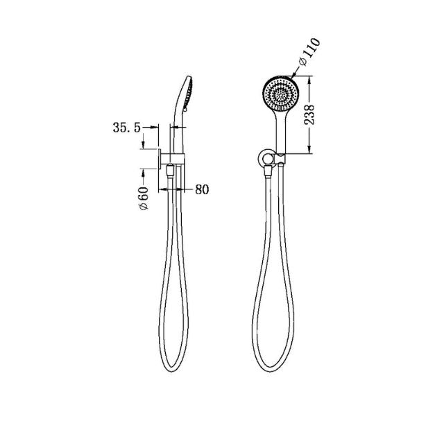 Technical Drawing Nero Mecca Shower Bracket With Air Shower Matte Black NR221905MB - The Blue Space