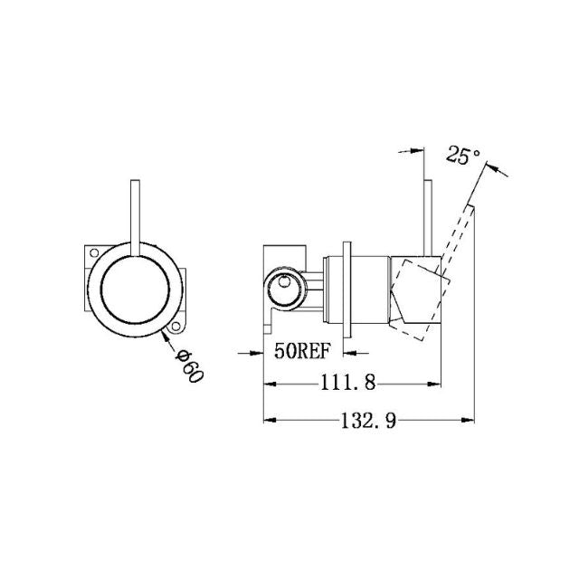 Technical Drawing Nero Mecca Shower Mixer with 60mm Plate and Handle Up in Brushed Nickel NR221911JBN - The Blue Space