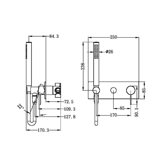 Technical Drawing Nero Mecca Shower Mixer Divertor System Gun Metal NR221912EGM - The Blue Space