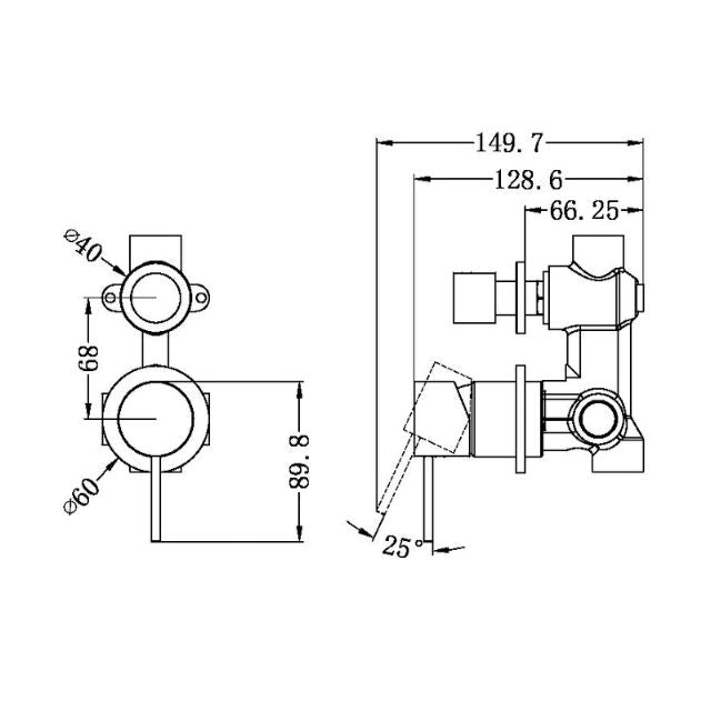 Technical Drawing Nero Mecca Shower Mixer With Divertor Separate Back Plate Chrome NR221911SCH - The Blue Space