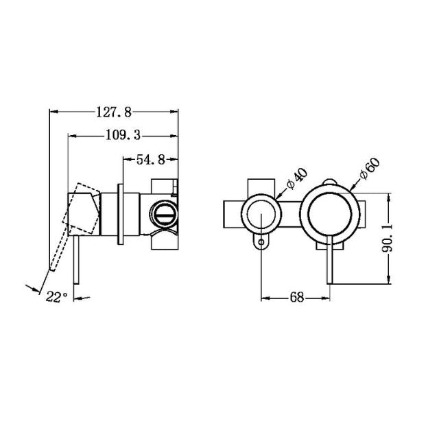 Technical Drawing Nero Mecca Shower Mixer With Horizonal 2 Way Divertor in Gun Metal NR221911UGM - The Blue Space