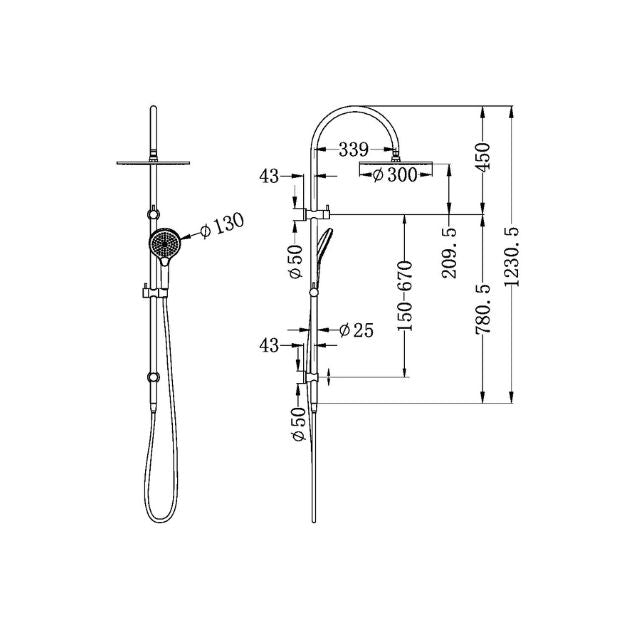 Technical Drawing Nero Mecca Twin Shower With Air Shower II Brushed Gold - NR221905HBG - The Blue Space