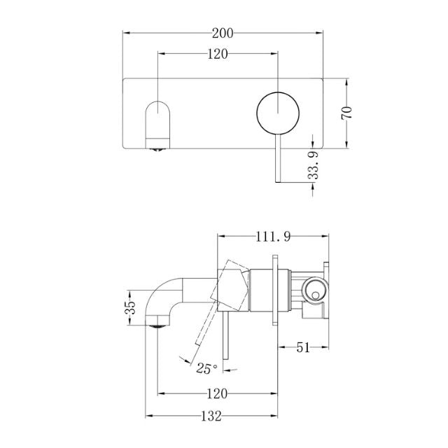 Technical Drawing Nero Mecca Wall Basin Mixer 120mm Spout Brushed Gold - NR221910a120BG - The Blue Space