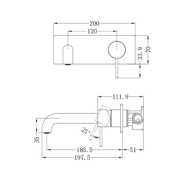 Technical Drawing Nero Mecca Wall Basin Mixer 185mm Spout Matte White - NR221910a185MW - The Blue Space
