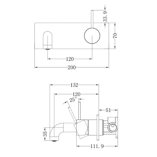 Technical Drawing Nero Mecca Wall Basin Mixer Handle Up 120mm Spout Matte Black - NR221910b120MB - The Blue Space