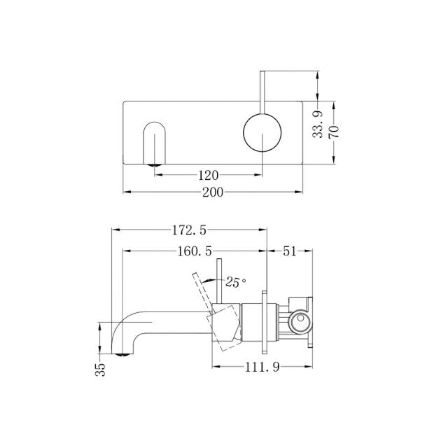 Technical Drawing Nero Mecca Wall Basin Mixer Handle Up 160mm Spout Brushed Bronze - NR221910B160BZ - The Blue Space