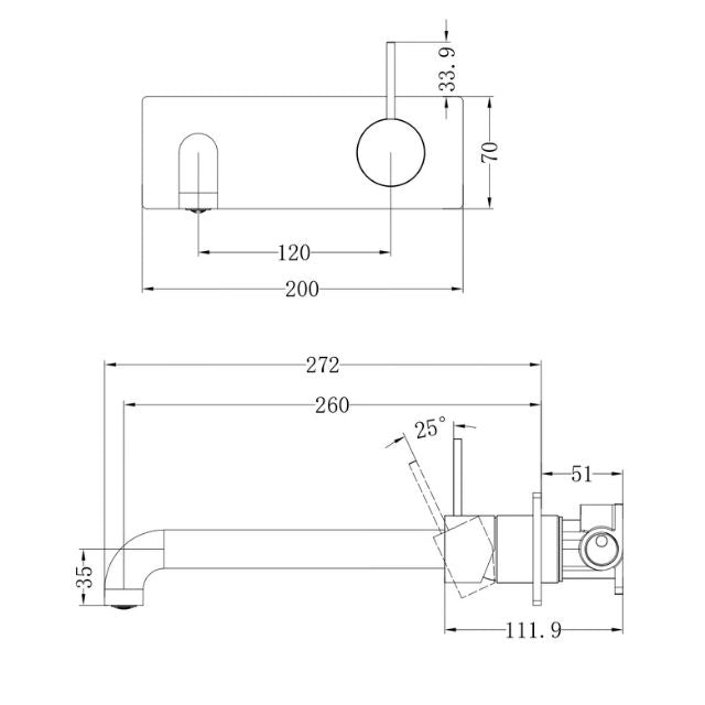 Technical Drawing Nero Mecca Wall Basin Mixer Handle Up 260mm Spout Gun Metal - NR221910B260GM - The Blue Space