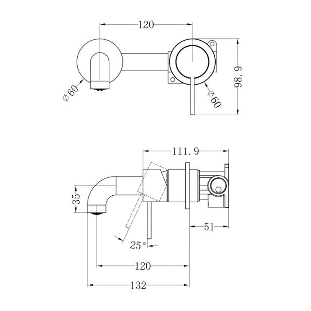 Technical Drawing Nero Mecca Wall Basin Mixer Separate Backplate 120mm Spout Gun Metal - NR221910C120GM - The Blue Space