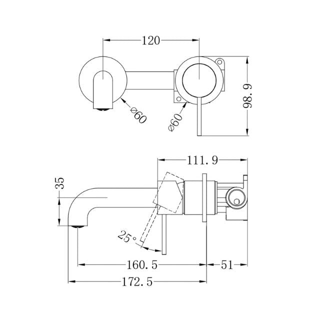 Technical Drawing Nero Mecca Wall Basin Mixer Separate Backplate 160mm Spout Brushed Bronze - NR221910C160BZ - The Blue Space