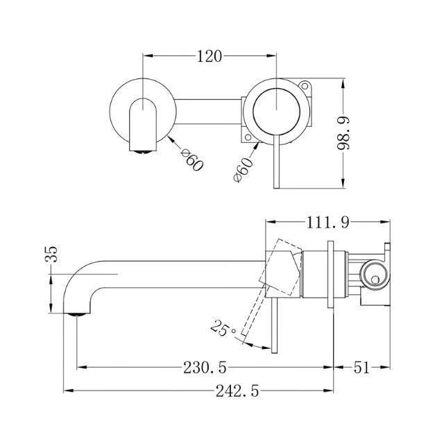 Technical Drawing Nero Mecca Wall Basin Mixer Sep BP 230mm Spout Brushed Bronze NR221910C230BZ - The Blue Space