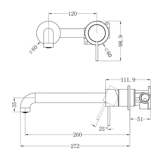 Technical Drawing Nero Mecca Wall Basin Mixer Separate Backplate 260mm Spout Matte Black - NR221910C260MB - The Blue Space