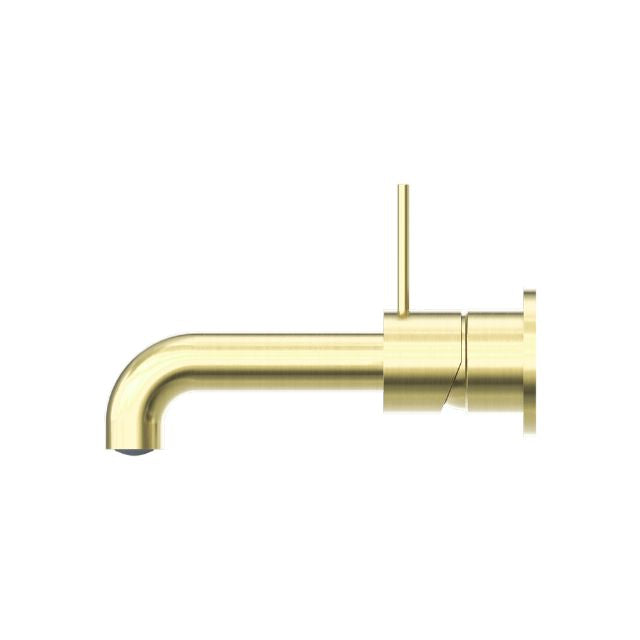 Shop Now Nero Mecca Wall Basin Mixer Separate Backplate Handle Up 120mm Spout Brushed Gold - NR221910D120BG - The Blue Space
