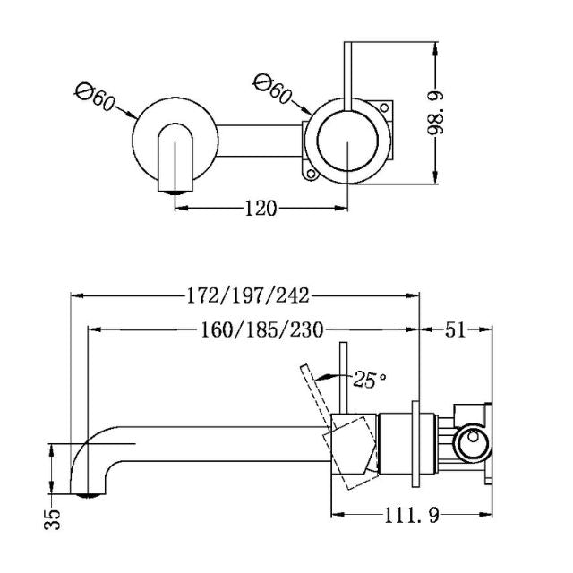 Technical Drawing Nero Mecca Wall Basin Mixer Sep BP Handle Up 185mm Spout Brushed Nickel NR221907D185BN - The Blue Space