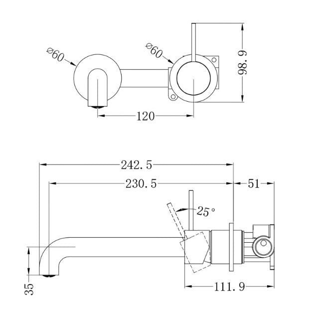 Technical Drawing Nero Mecca Wall Basin Mixer Separate Backplate Handle Up 230mm Spout Brushed Bronze - NR221910D230BZ - The Blue Space