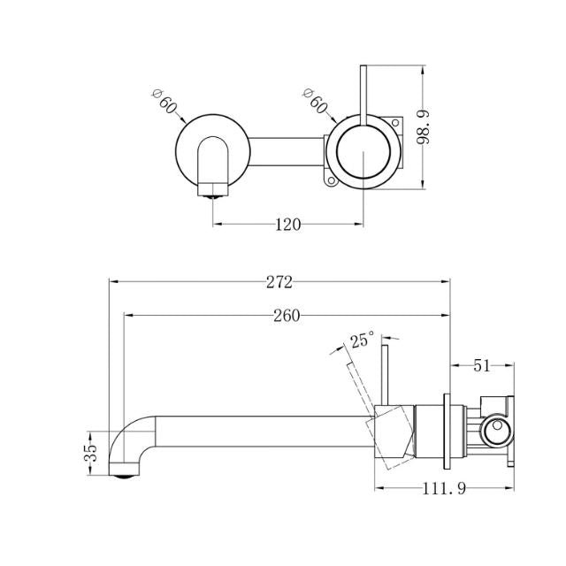 Technical Drawing Nero Mecca Wall Basin Mixer Separate Backplate with Handle Up Wall Mixer and 260mm Spout - Brushed Bronze - NR221910D260BZ - The Blue Space