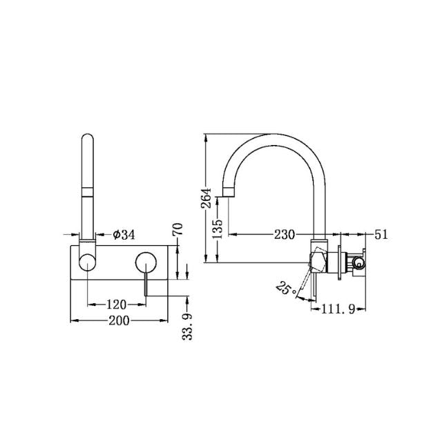 Technical Drawing Nero Mecca Wall Basin / Bath Mixer Set with Swivel Spout in Gun Metal NR221910QGM - The Blue Space