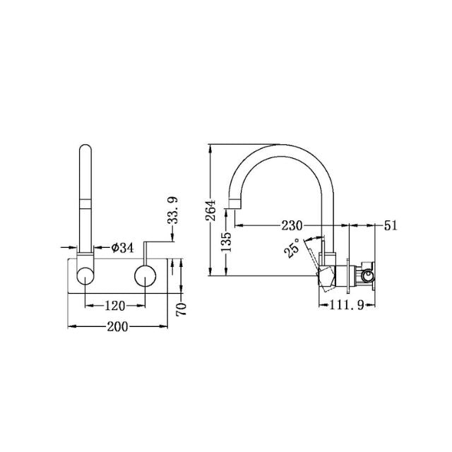 Technical Drawing Nero Mecca Wall Basin/Bath Mixer Swivel Spout with Handle Up Wall Mixer in Gun Metal NR221910PGM - The Blue Space